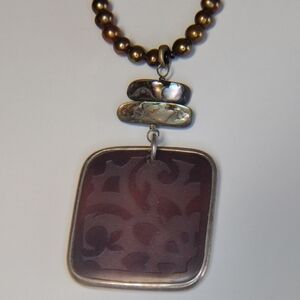 Silpada 925 Abalone Pearl Etched Black Pin Shell Leather Necklace N1803